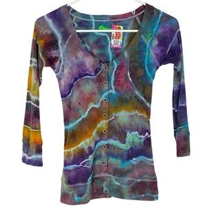 Handmade Geode Tie Dye Henley Tee Shirt Top Womens Small Boho Chic Purple Blue